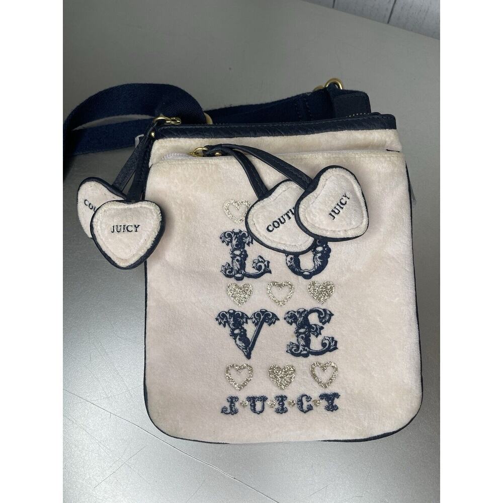 Vintage JUICY COUTURE Heart Accent VELOUR & Leather TRIM Crossbody Bag Blue Y2K